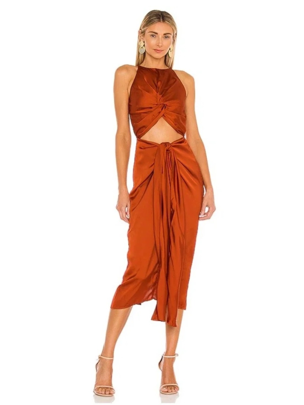 Andrea Iyamah Rust Orange Satin Twist Midi Dress